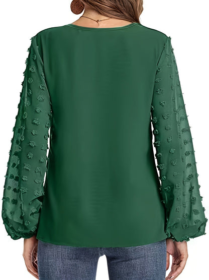 Blusa de Puntos Suizos sin Esfuerzo para Mujeres con Cuello en V y Manga Obispo de Chifón Texturizado Estilo Casual