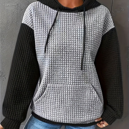 Sudadera de punto waffle color bloque cómoda para mujeres con capucha ajustable, manga larga y bolsillo canguro, estilo oversized