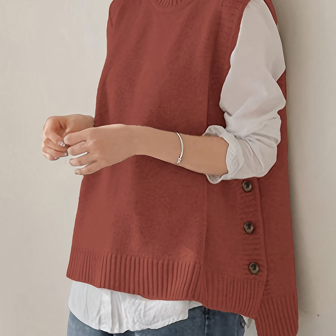 Chaleco de Punto Acanalado Cómodo para Mujeres con Cuello Alto Sin Mangas y Estilo Relajado con Botones Lateral