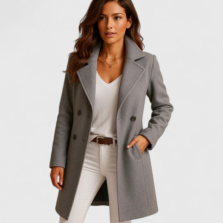 Abrigo de Lana Elegante para Mujeres con Solapa Acanalada de Manga Larga y Estilo Entallado Doble Botonadura