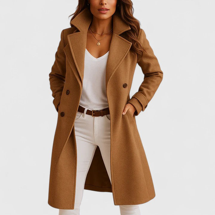 Abrigo de Lana Elegante para Mujeres con Solapa Acanalada de Manga Larga y Estilo Entallado Doble Botonadura