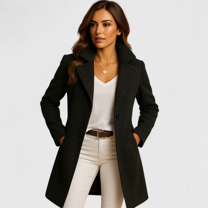 Abrigo de Lana Elegante para Mujeres con Solapa Acanalada de Manga Larga y Estilo Entallado Doble Botonadura