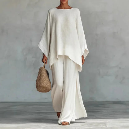 Conjunto de Lino Ancho y Ligero para Mujeres con Cuello Redondo, Manga Murciélago y Dobladillo Asimétrico, Estilo de Dos Piezas