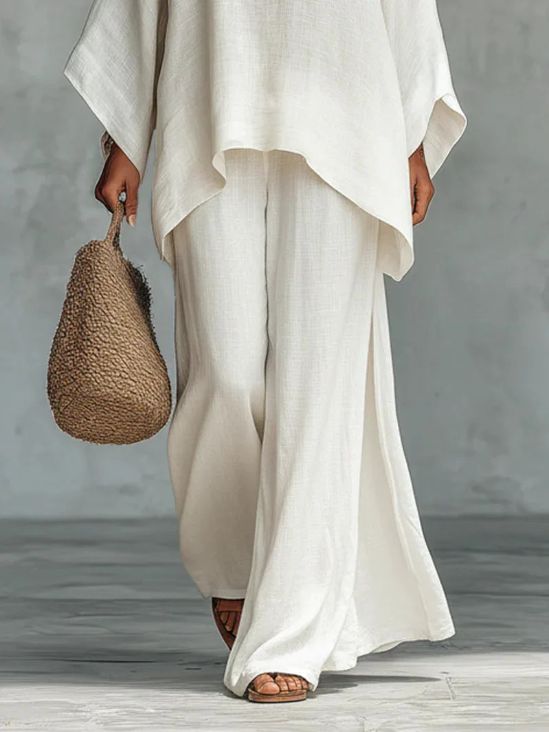 Conjunto de Lino Ancho y Ligero para Mujeres con Cuello Redondo, Manga Murciélago y Dobladillo Asimétrico, Estilo de Dos Piezas