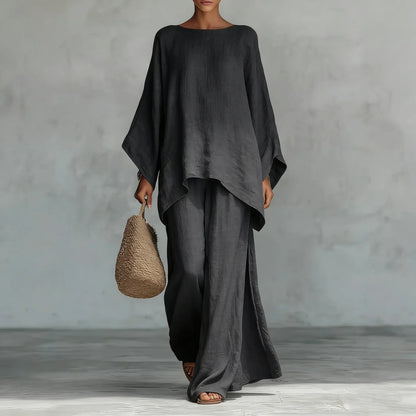 Conjunto de Lino Ancho y Ligero para Mujeres con Cuello Redondo, Manga Murciélago y Dobladillo Asimétrico, Estilo de Dos Piezas