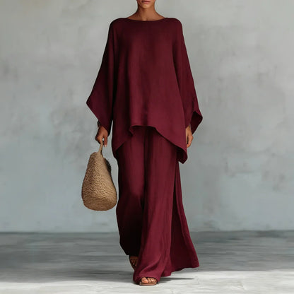 Conjunto de Lino Ancho y Ligero para Mujeres con Cuello Redondo, Manga Murciélago y Dobladillo Asimétrico, Estilo de Dos Piezas