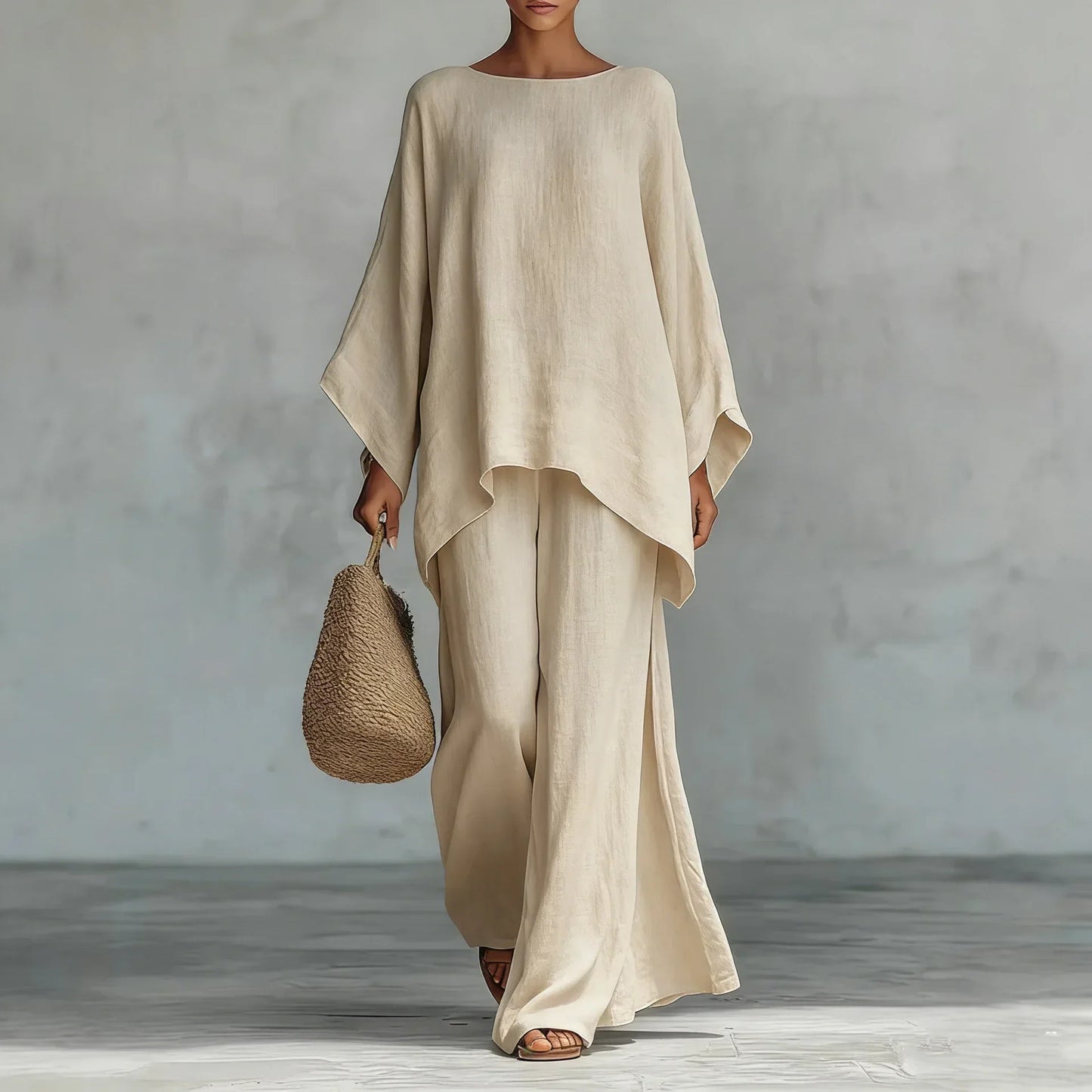 Conjunto de Lino Ancho y Ligero para Mujeres con Cuello Redondo, Manga Murciélago y Dobladillo Asimétrico, Estilo de Dos Piezas