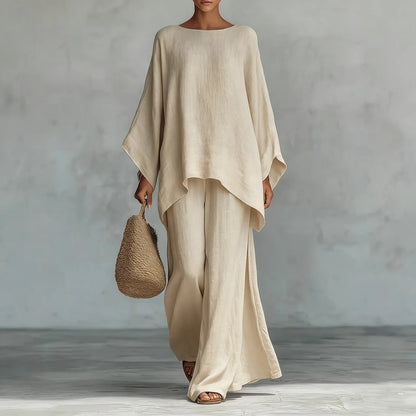 Conjunto de Lino Ancho y Ligero para Mujeres con Cuello Redondo, Manga Murciélago y Dobladillo Asimétrico, Estilo de Dos Piezas