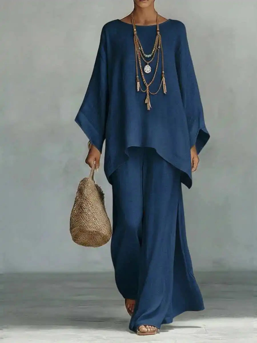 Conjunto de Lino Ancho y Ligero para Mujeres con Cuello Redondo, Manga Murciélago y Dobladillo Asimétrico, Estilo de Dos Piezas