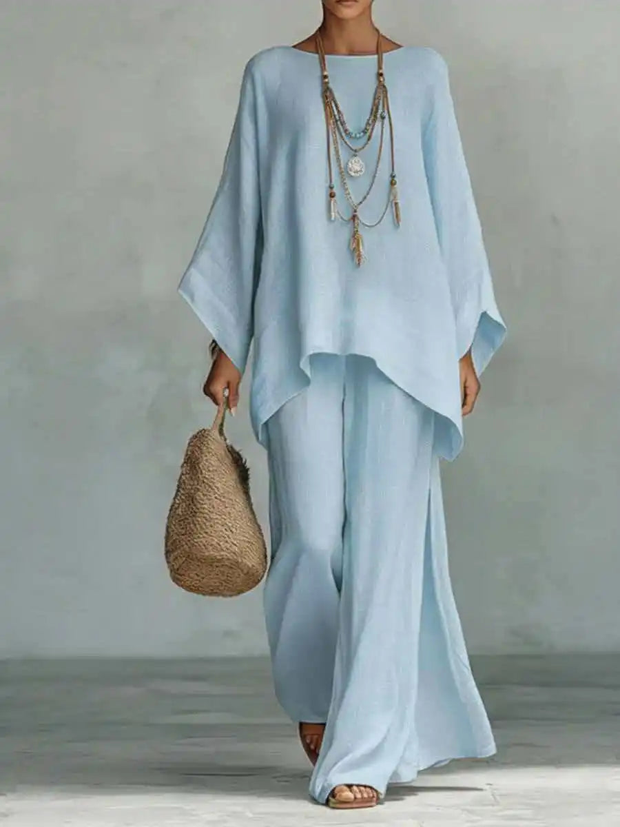 Conjunto de Lino Ancho y Ligero para Mujeres con Cuello Redondo, Manga Murciélago y Dobladillo Asimétrico, Estilo de Dos Piezas