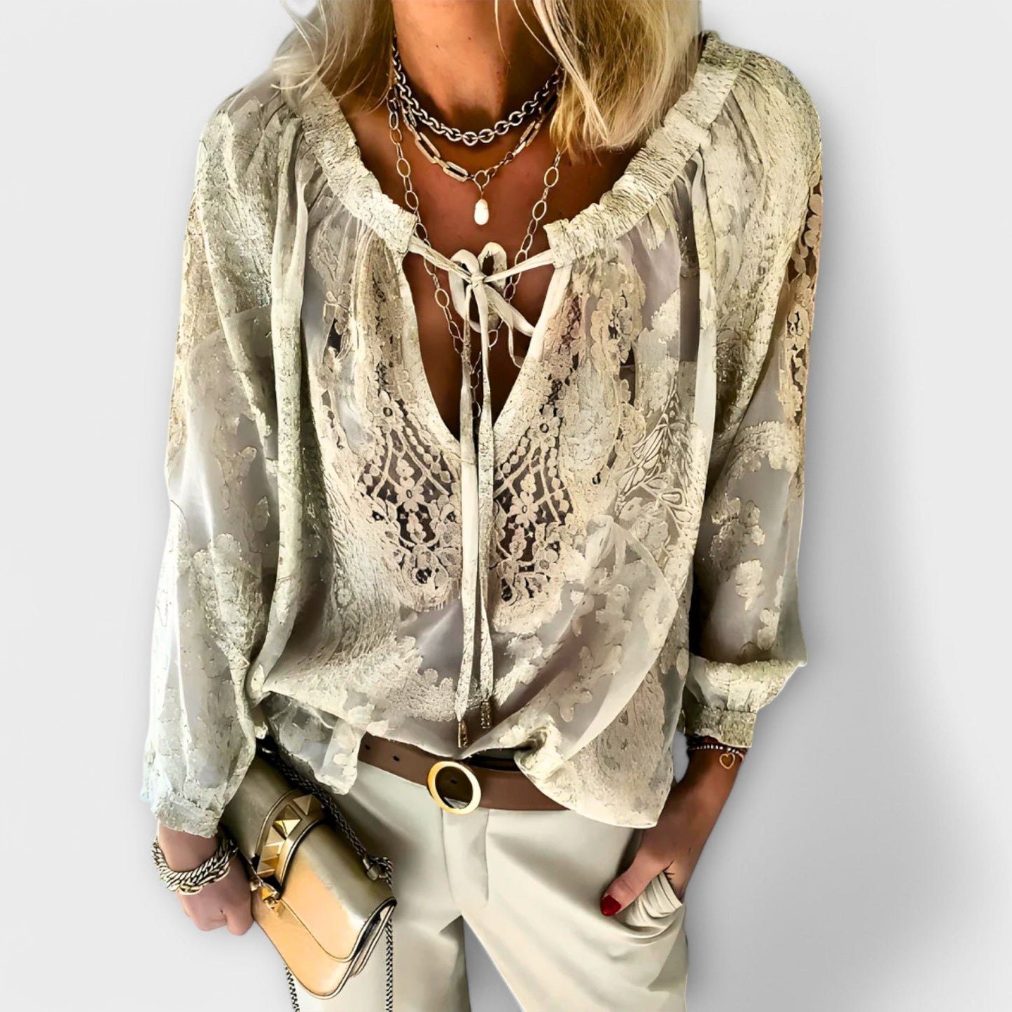 Blusa de Encaje Sin Esfuerzo para Mujeres con Escote en V, Mangas Largas y Lazo Frontal Estilo Boho