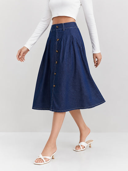 Falda Midi de Mezclilla Azul Medio para Mujeres con Botones Frontales Estilo A Plisado