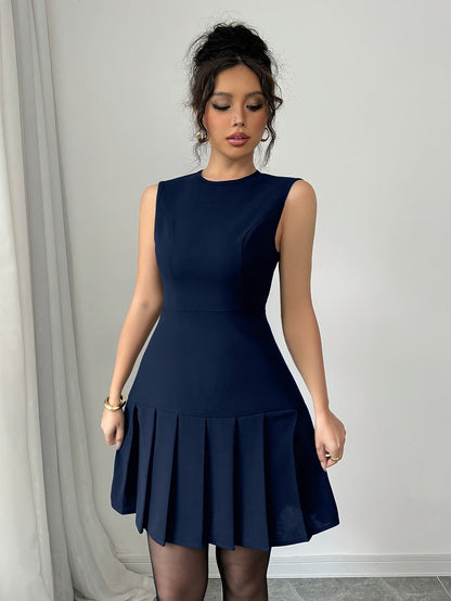 Vestido Mini Plisado Elegante para Mujeres con Cuello Redondo Sin Mangas Estilo Cóctel