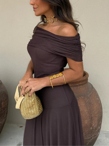 Vestido Maxi de Malla Elegante para Mujeres con Mangas Cortas y Off Shoulder Estilo Fruncido y Fluido