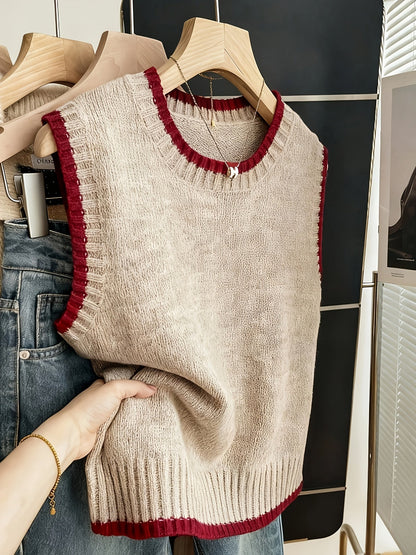 Chaleco de Suéter de Contraste Cómodo para Mujeres con Cuello Redondo, Sin Mangas, dobladillo Acanalado, Estilo Oversized