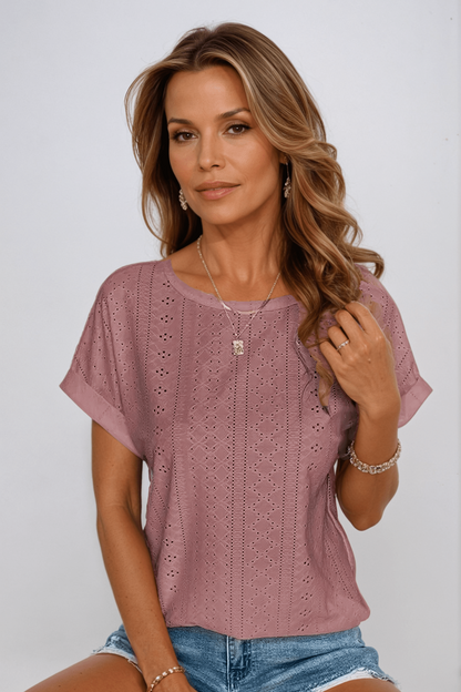 Blusa de Ojal Sin Esfuerzo para Mujeres con Cuello Redondo y Mangas Cortas con Puño, Estilo Casual Relajado