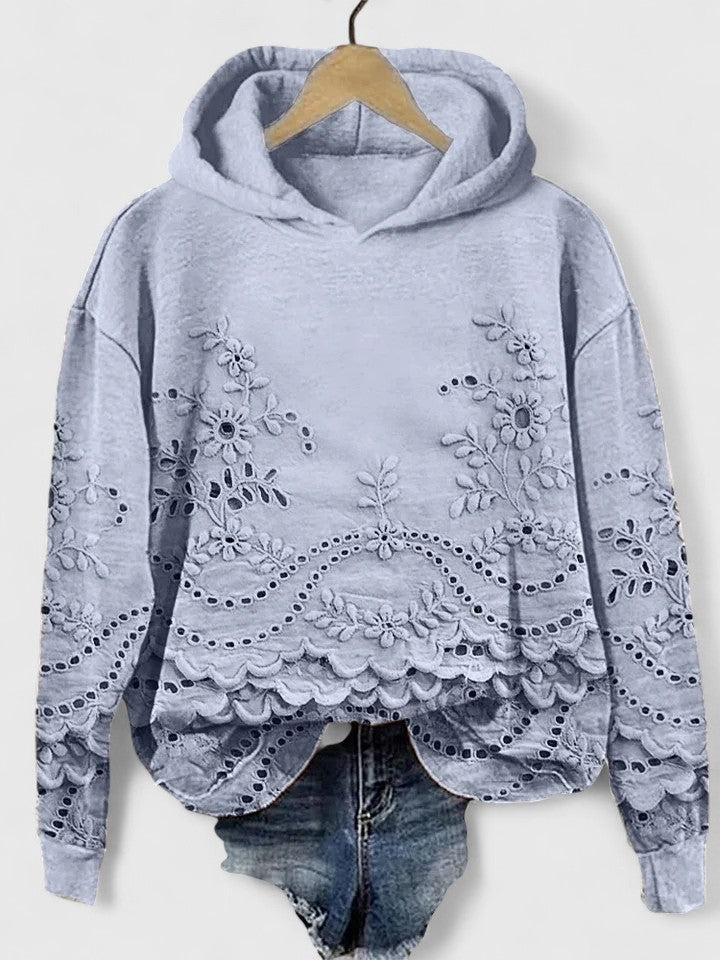 Sudadera con Capucha de Ojal Floral sin Esfuerzo para Mujeres con Mangas Largas y Dobladillo Ondulado Estilo Casual Corto