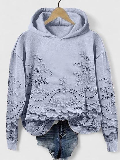 Sudadera con Capucha de Ojal Floral sin Esfuerzo para Mujeres con Mangas Largas y Dobladillo Ondulado Estilo Casual Corto