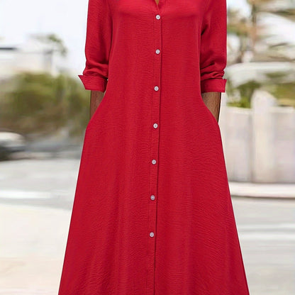 Vestido Camisa Elegante de Botones Frontal para Mujeres con Cuello y Manga Larga Estilo A Linea Fluyente