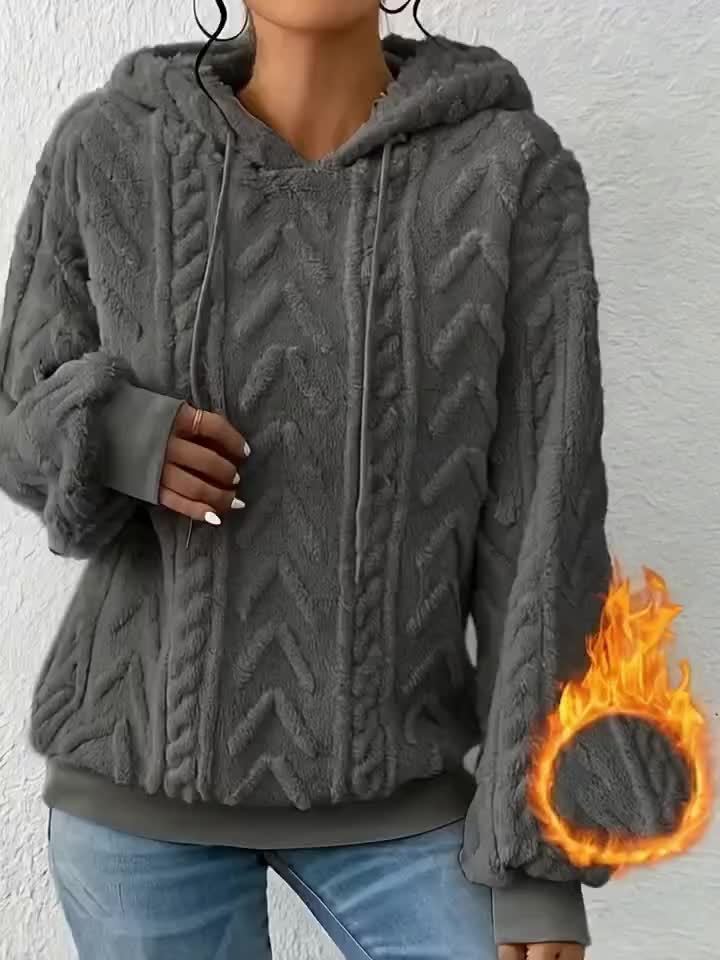 Sudadera de Forro Polar de Punto Trenzado Cómoda para Mujeres con Capucha Ajustable, Manga Larga, Estilo Oversized y Acogedor