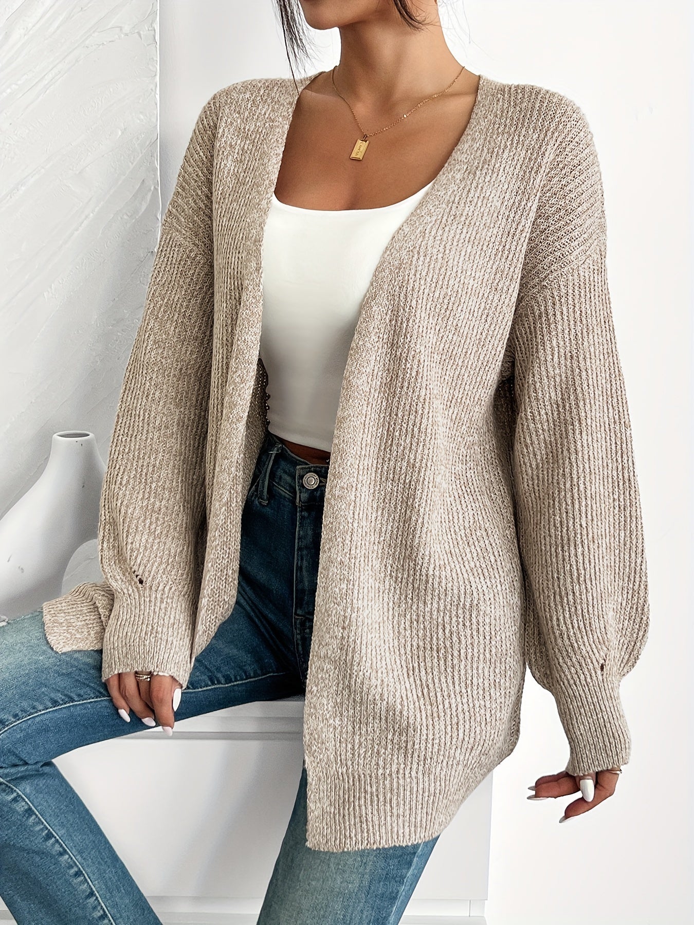 Suéter Cardigan Cómodo Amarillo Claro para Mujeres con Manga Globo y Estilo Oversized de Tejido