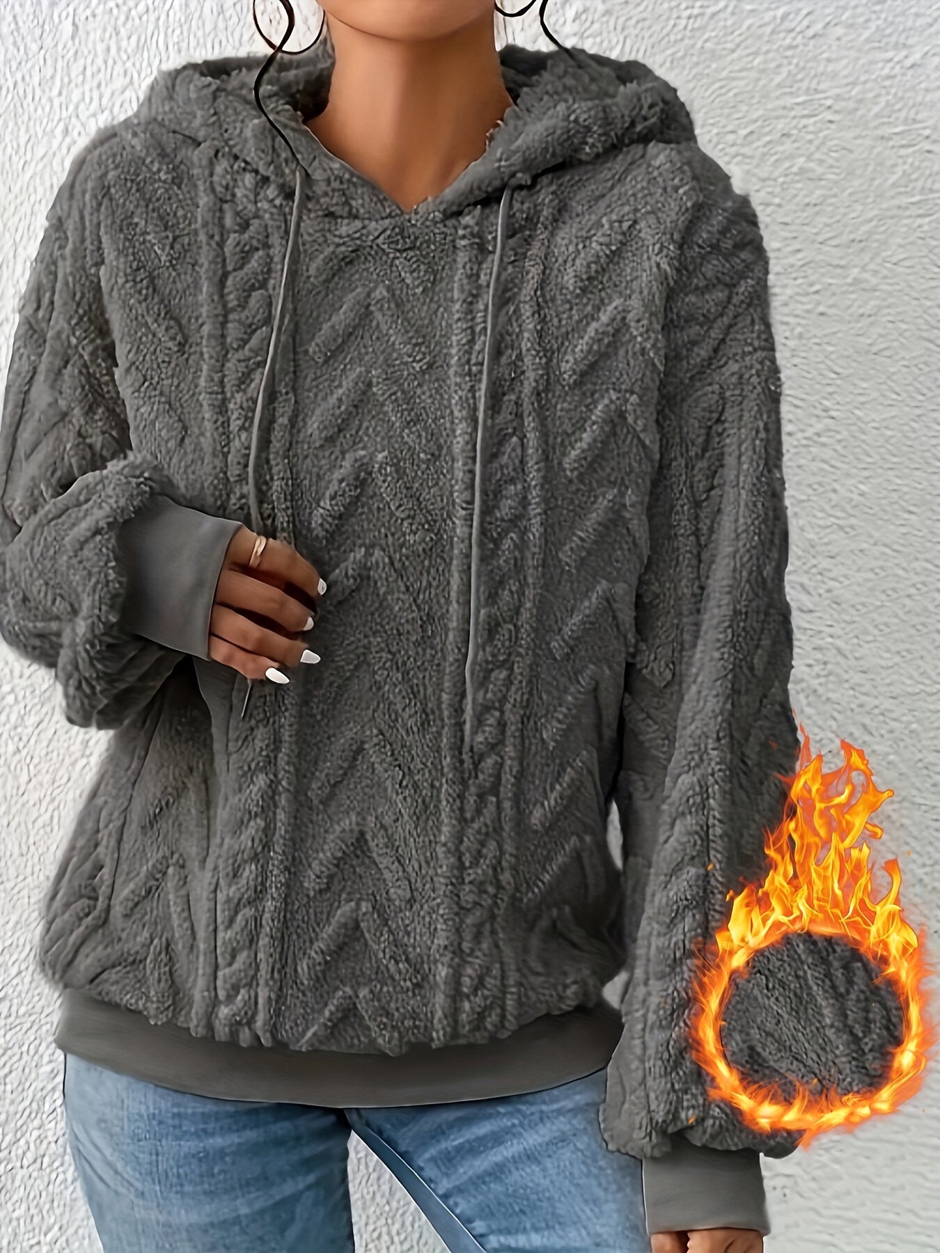 Sudadera de Forro Polar de Punto Trenzado Cómoda para Mujeres con Capucha Ajustable, Manga Larga, Estilo Oversized y Acogedor
