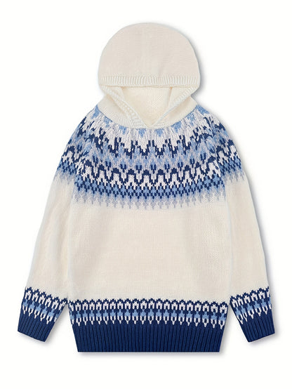 Suéter Cómodo Fair Isle para Mujeres con Capucha y Manga Larga Relajada de Estilo Oversized