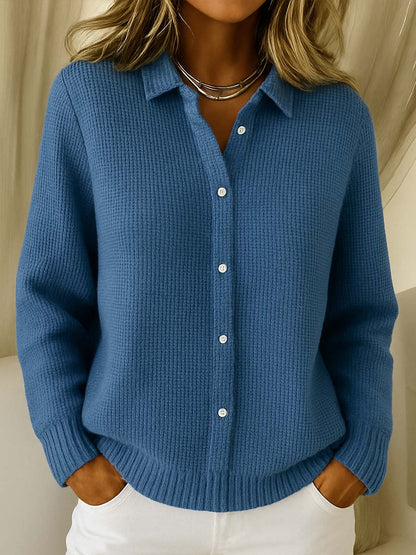 Cárdigan de Punto Waffle Cómodo para Mujeres con Cuello Camisero, Manga Larga, Botones Frente Relajado Estilo Oversized