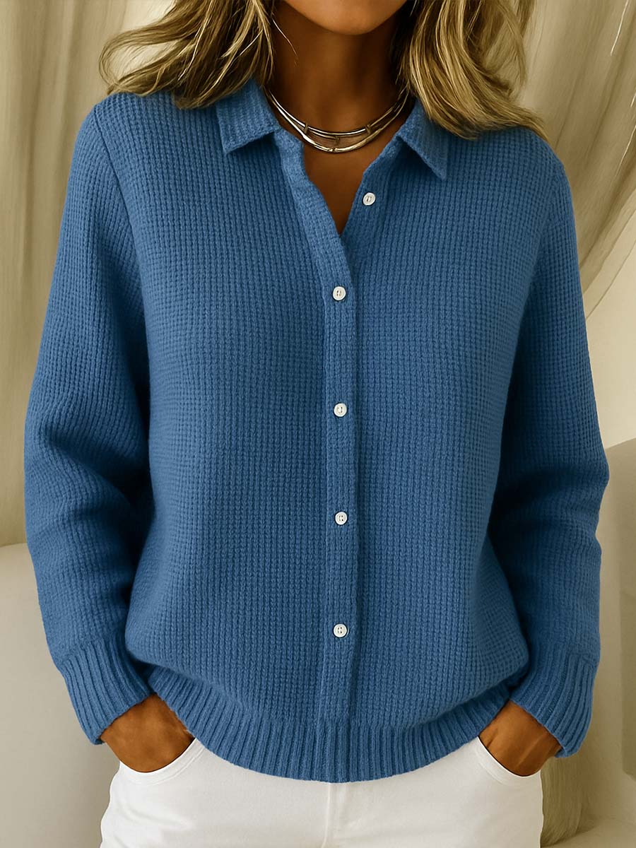 Blusa de Punto Waffle Cómoda para Mujeres con Cuello, Manga Larga, Botones en la Parte Frontal, Estilo Relajado
