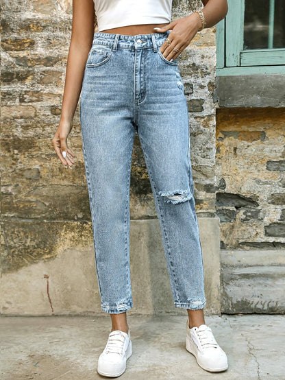 Jeans Mom Relajados Azules Sin Esfuerzo para Mujeres con Cintura Alta y Pierna Tapered Desgastada