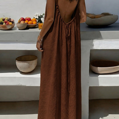 Vestido Maxi Texturizado Sin Espalda para Mujeres con Tirantes de Espagueti y Cuerda, Estilo Bohemio Fluyente