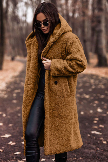 Abrigo de Piel de Oveja Sin Esfuerzo para Mujeres con Cuello con Capucha, Manga Larga, Estilo Oversized y Largo