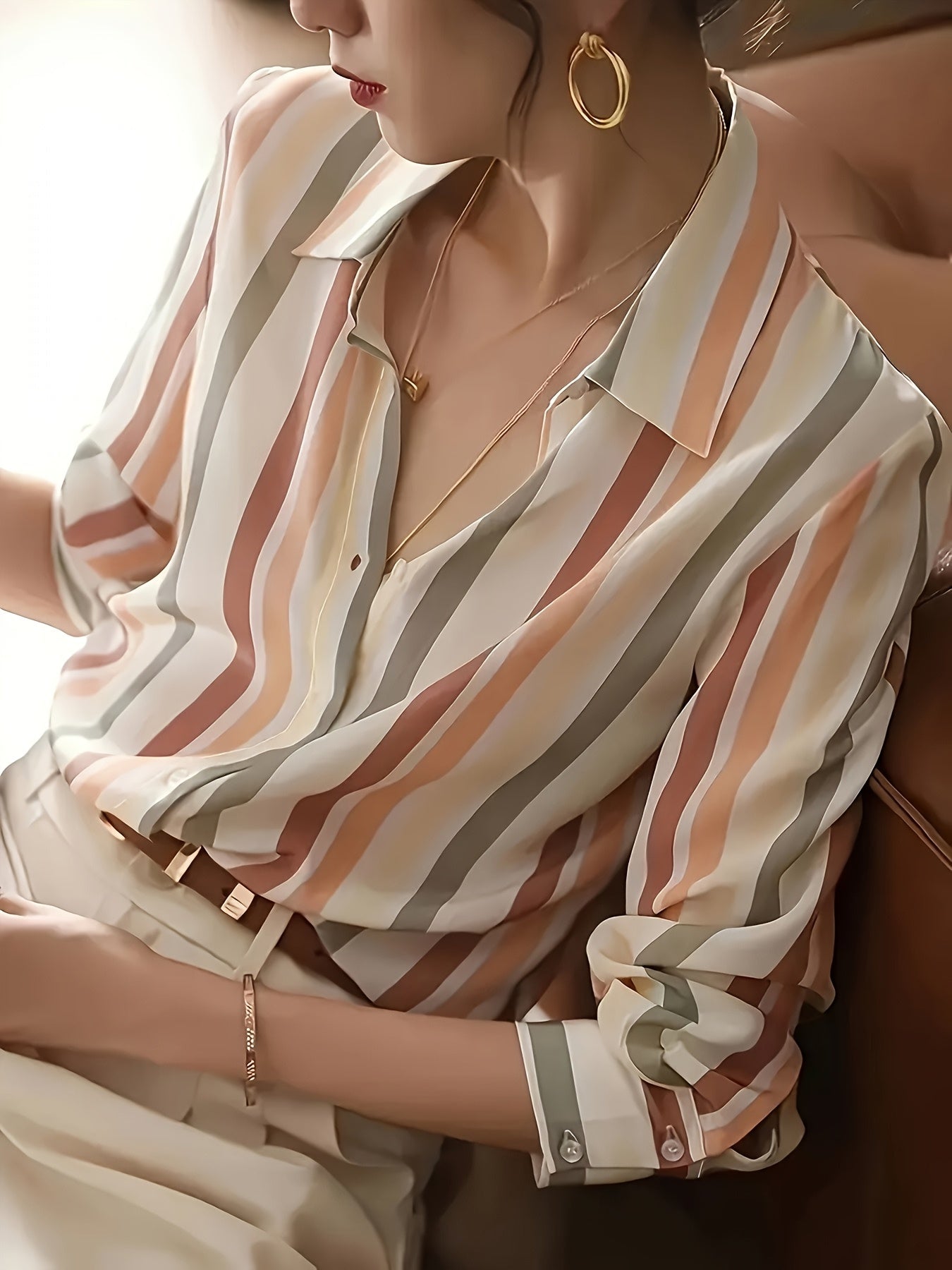 Blusa de Chifón Rayada Sin Esfuerzo para Mujeres con Cuello, Manga Larga, Botones Frontales y Estilo Sedoso Relajado