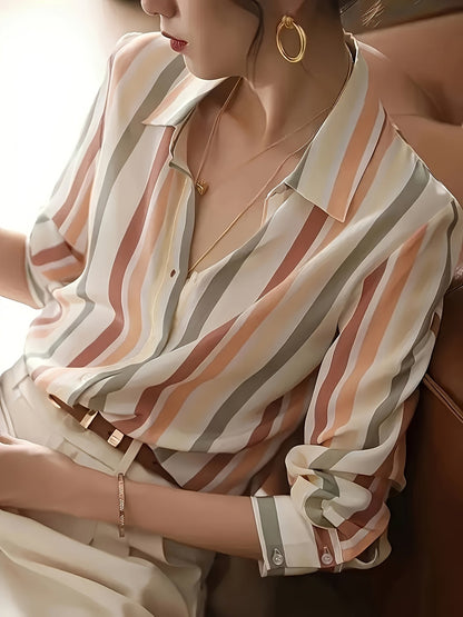 Blusa de Chifón Rayada Sin Esfuerzo para Mujeres con Cuello, Manga Larga, Botones Frontales y Estilo Sedoso Relajado