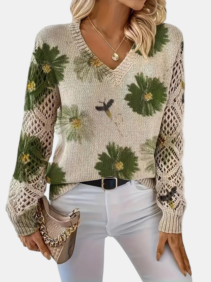 Suéter de Ganchillo Floral Cómodo para Mujeres con Cuello en V y Mangas de Globo, Estilo Oversized
