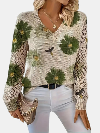 Suéter de Ganchillo Floral Cómodo para Mujeres con Cuello en V y Mangas de Globo, Estilo Oversized