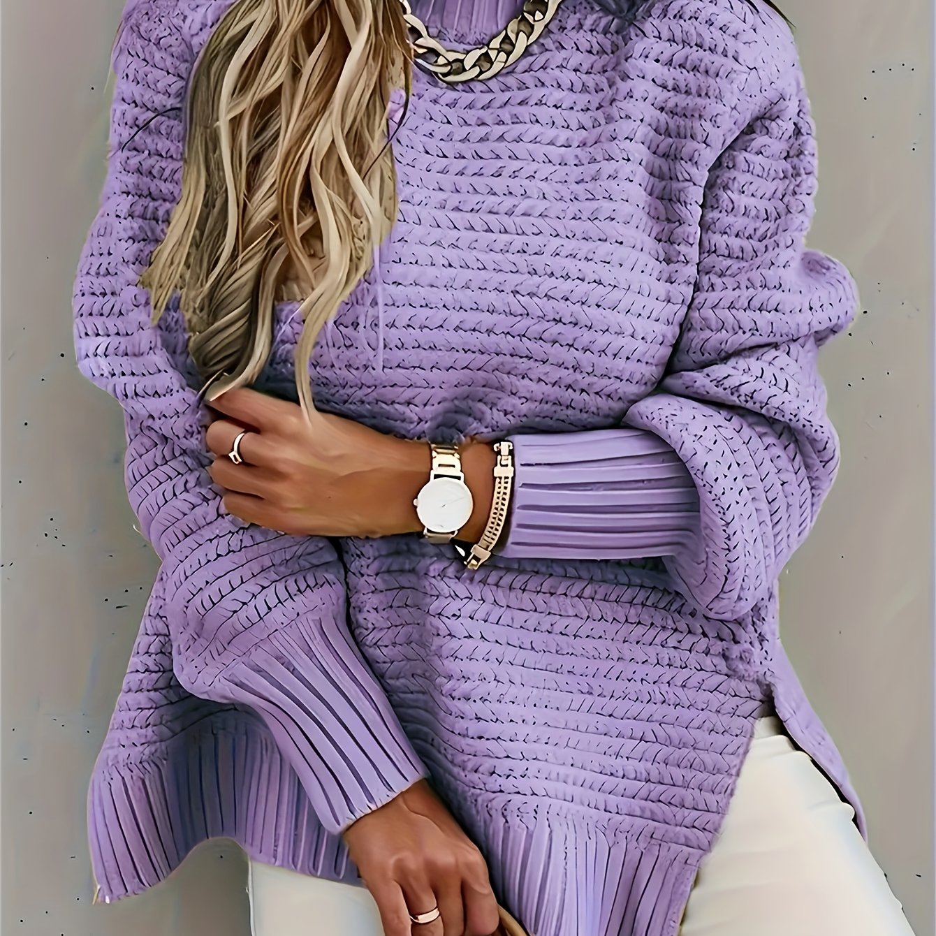 Suéter de Punto Texturizado Cómodo para Mujeres con Cuello Alto y Manga Larga en Estilo Relajado y Oversized