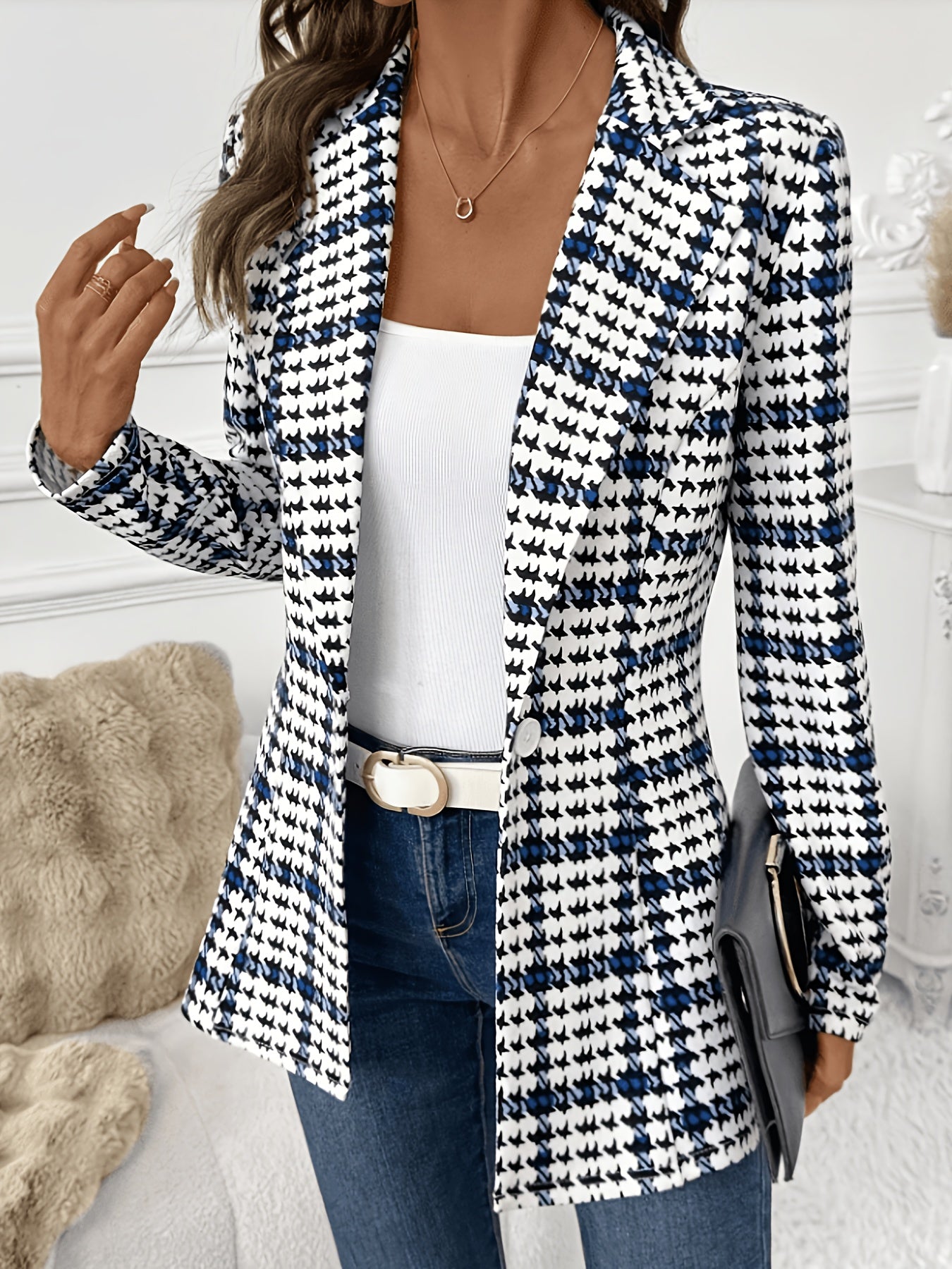Blazer Elegante de Cuadros en Negro y Azul para Mujeres con Cuello de Muesca, Manga Larga, Ajuste a Medida, Estilo Casual de Un Solo Botón