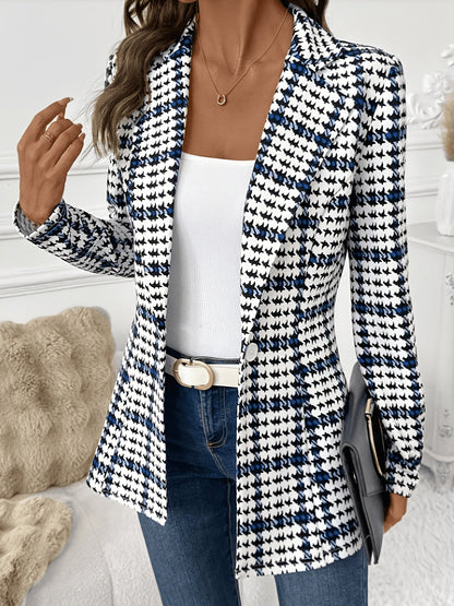 Blazer Elegante de Cuadros en Negro y Azul para Mujeres con Cuello de Muesca, Manga Larga, Ajuste a Medida, Estilo Casual de Un Solo Botón