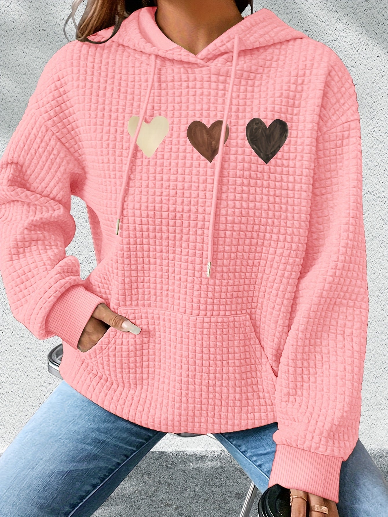 Sudadera de punto waffle con estampado de corazones cómoda para mujeres, con capucha, mangas largas y bolsillo canguro, estilo oversized