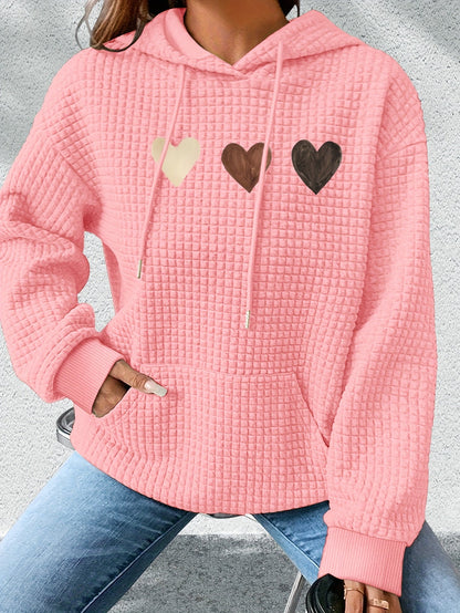 Sudadera de punto waffle con estampado de corazones cómoda para mujeres, con capucha, mangas largas y bolsillo canguro, estilo oversized