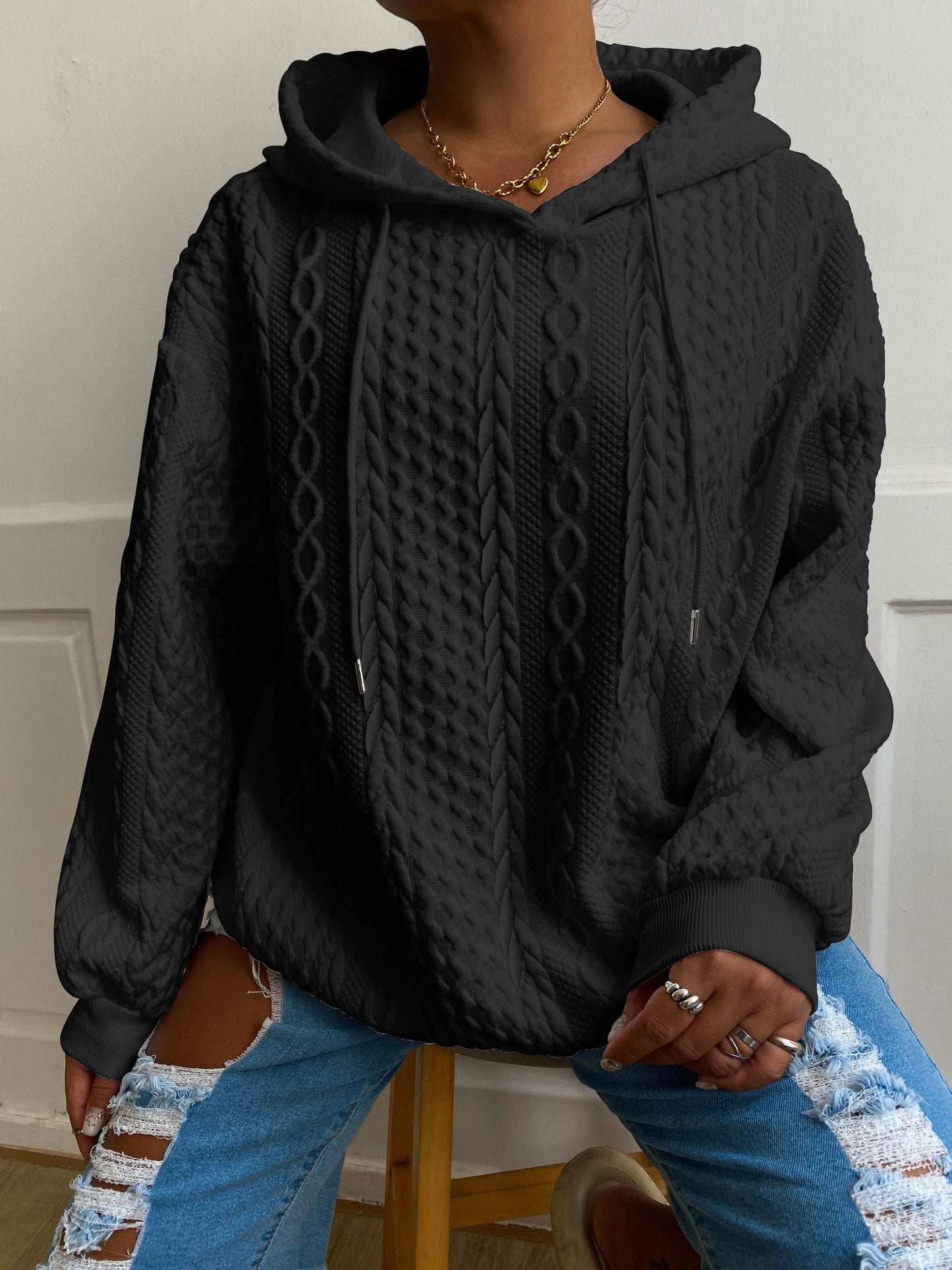Sudadera de Punto Trenzado Cómoda para Mujeres con Capucha Ajustable de Cordón, Manga Larga, Estilo Relajado y Oversized