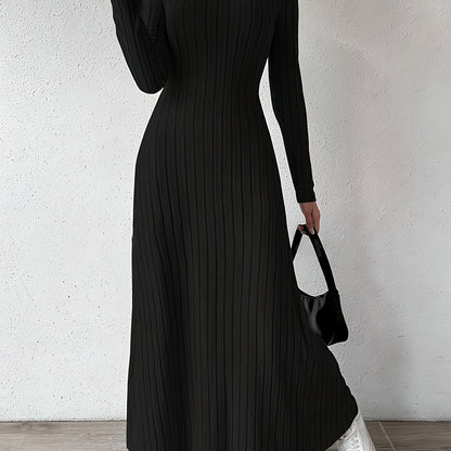Elegante Vestido Largo de Punto Acanalado para Mujeres con Escote en V y Manga Larga Ajustado y Fluido