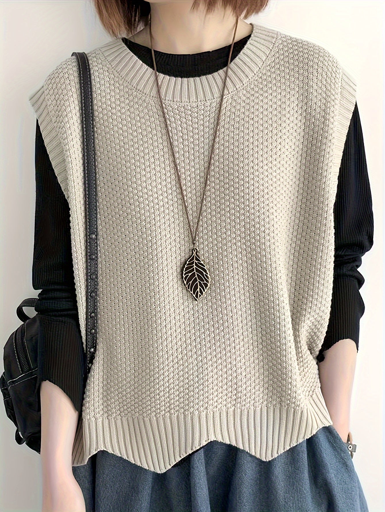 Chaleco de Suéter de Punto Grueso Cómodo para Mujeres con Cuello Redondo Sin Mangas Estilo Relajado y Oversized
