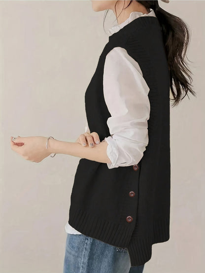 Chaleco de Punto Acanalado Cómodo para Mujeres con Cuello Alto Sin Mangas y Estilo Relajado con Botones Lateral