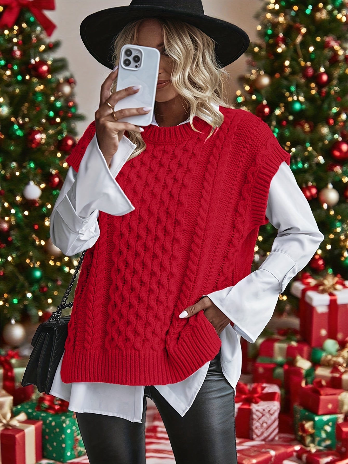Chaleco de Punto Trenzado Cómodo para Mujeres con Cuello Redondo Sin Mangas Estilo Oversized