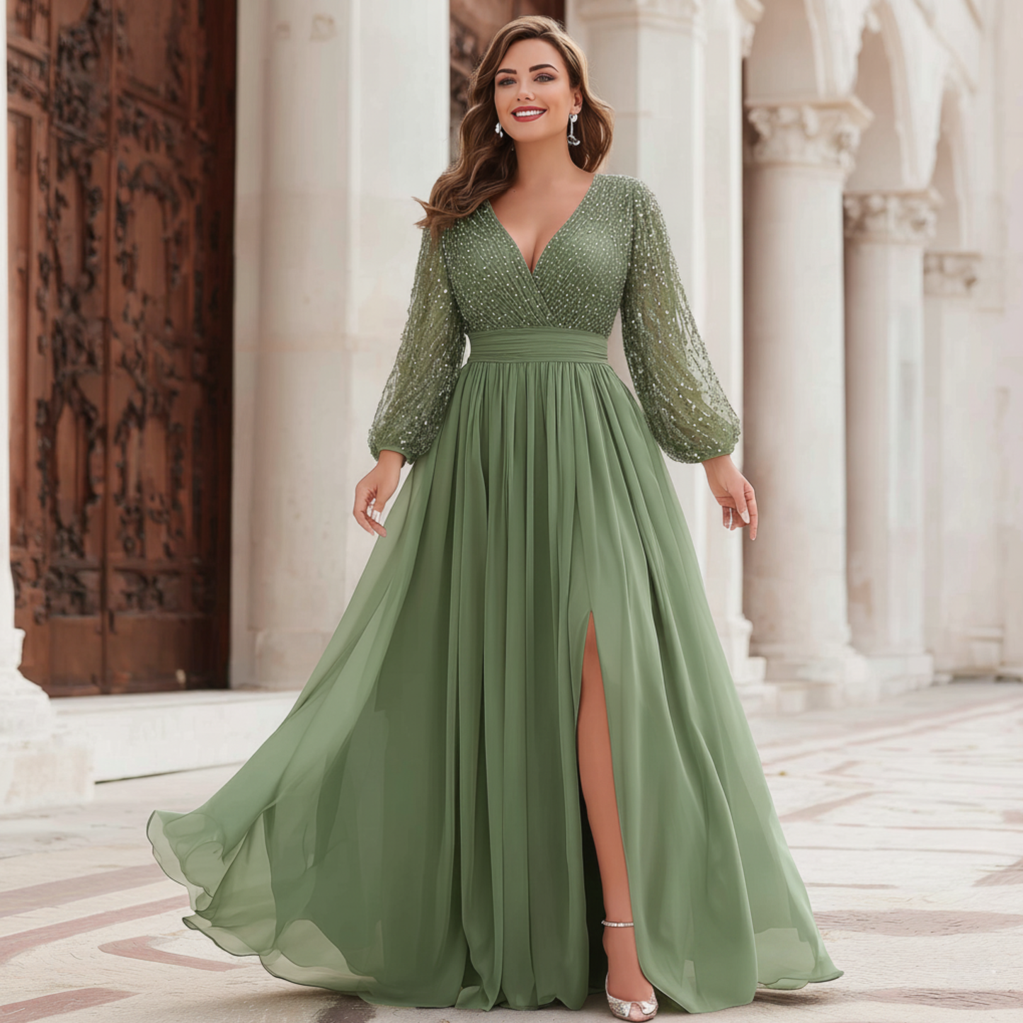 Vestido Maxi Elegante Verde Salvia con Lentejuelas para Mujeres con Escote en V, Manga Larga y Abertura Alta, Estilo Formal para Invitadas de Bodas