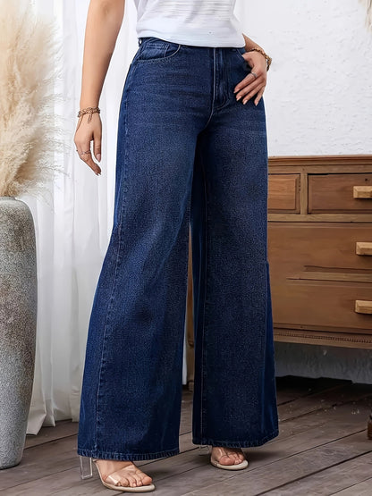 Jeans Anchos Azules de Cintura Alta y Estilo Fluido para Mujeres