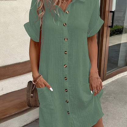 Vestido Camisero de Gasa de Algodón Sin Esfuerzo para Mujeres con Cuello, Manga Corta y Botones, Estilo Relajado