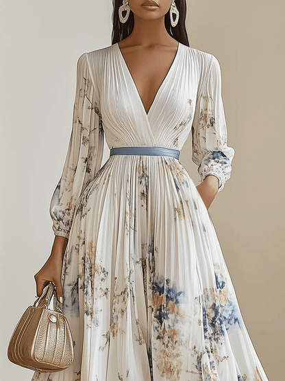 Vestido Maxi Floral Blanco Elegante para Mujeres con Escote en V, Manga Larga, Plisado y Cinturón Fluido